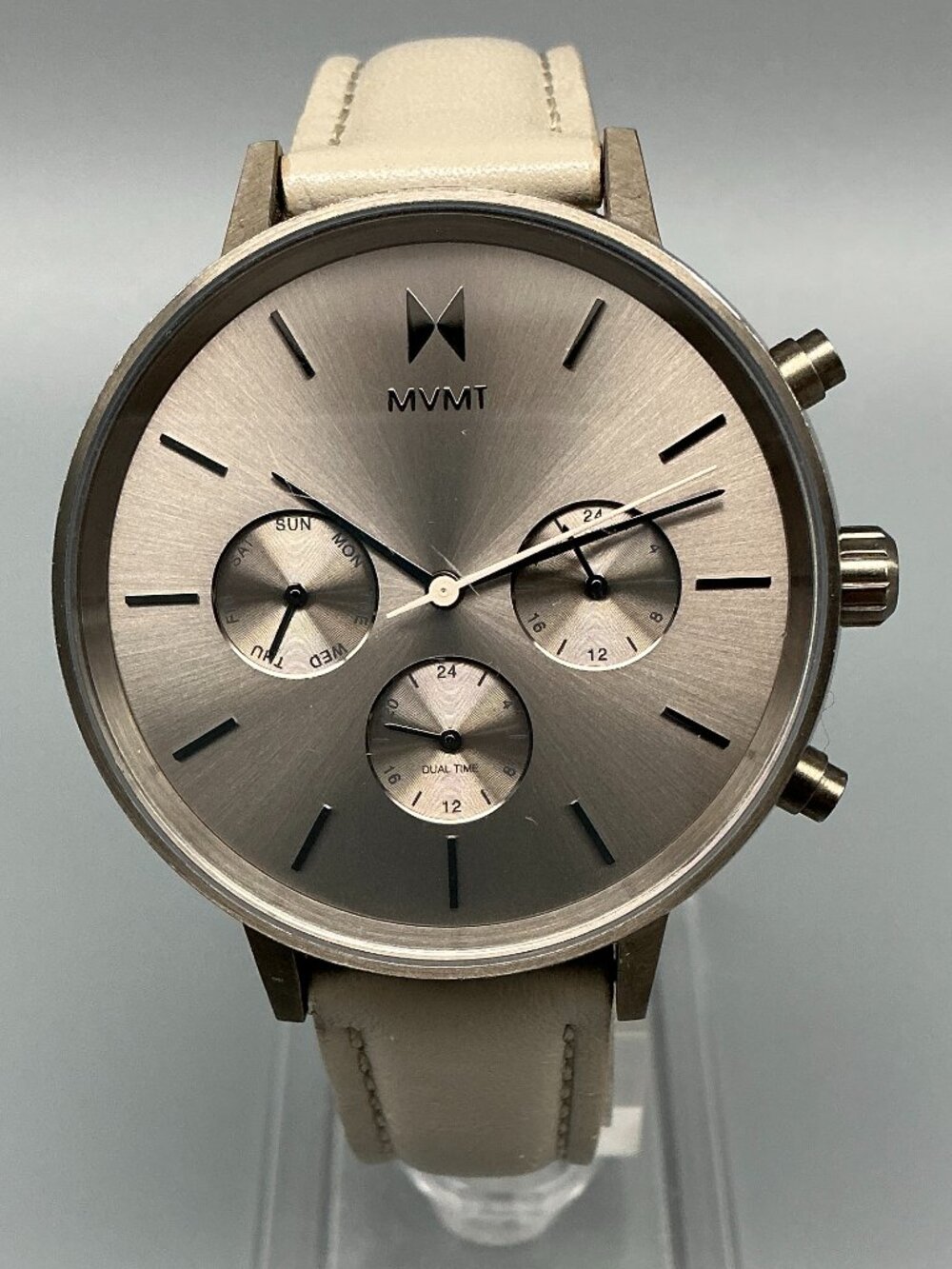 MVMT Nova Lyra Watch Women 38mm Silver Tone Leather Band Day Date New Battery